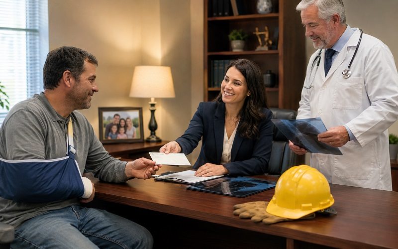 California workplace injury lawyer discussing legal options with an injured worker.