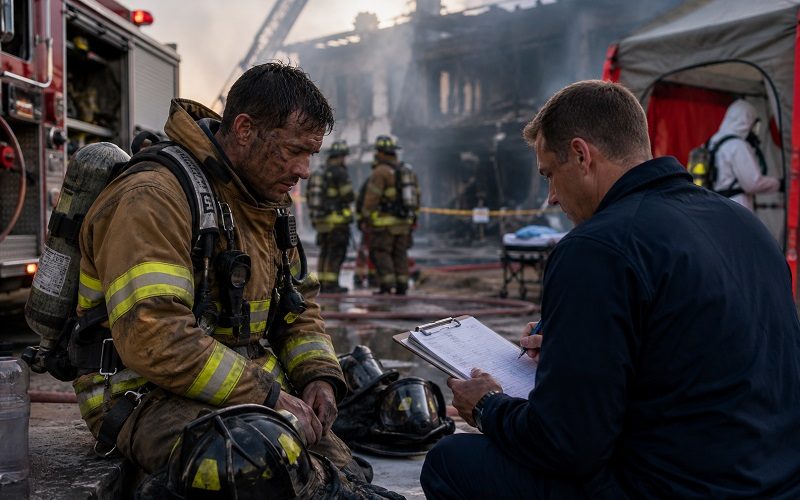 Injured firefighter discussing a workers’ compensation claim with an attorney