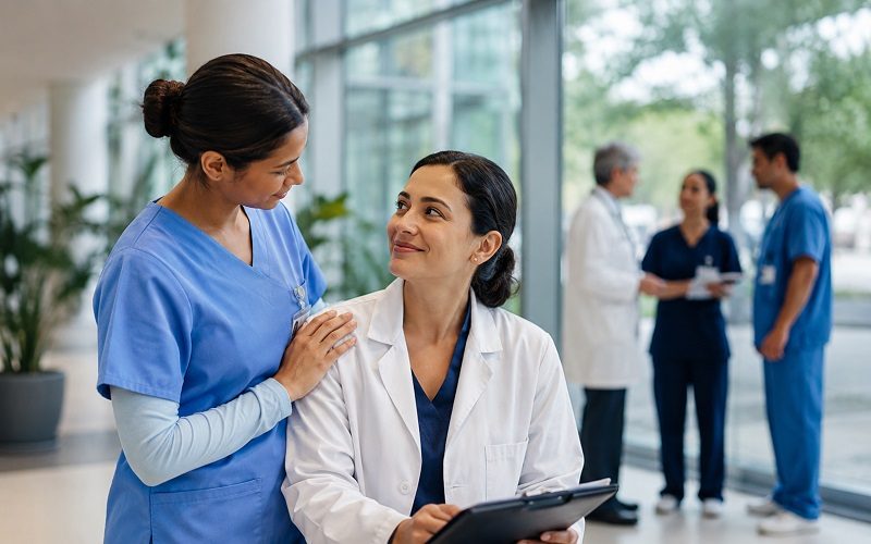 Injured healthcare employee discussing a workers’ compensation claim with an attorney