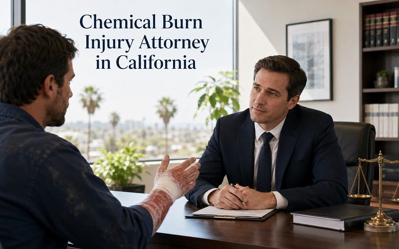 Chemical burn injury attorney reviewing workplace accident evidence and medical records for a California injury claim.