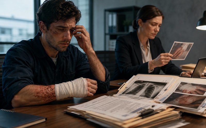 California chemical burn lawyer with legal documents, protective gloves, and hazardous chemical containers in the background.