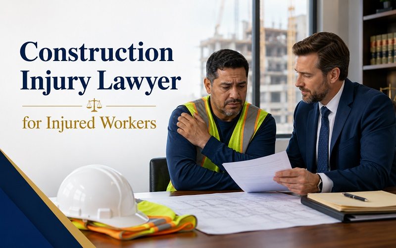 Construction injury lawyer reviewing legal options with an injured construction worker.