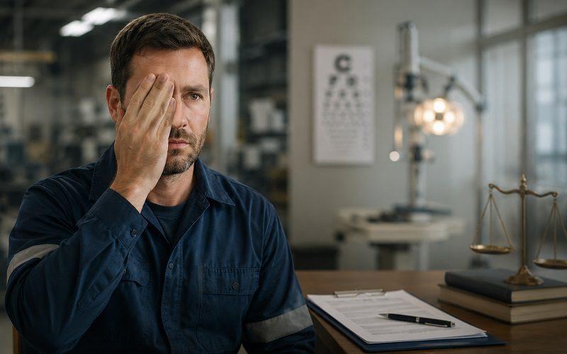 California worker consulting an eye injury attorney after a job-related accident.