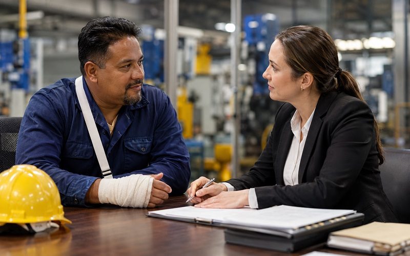 Injured factory worker consulting a lawyer about workers’ compensation benefits.