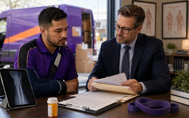FedEx injury attorney discussing medical care and wage benefits with an injured delivery worker