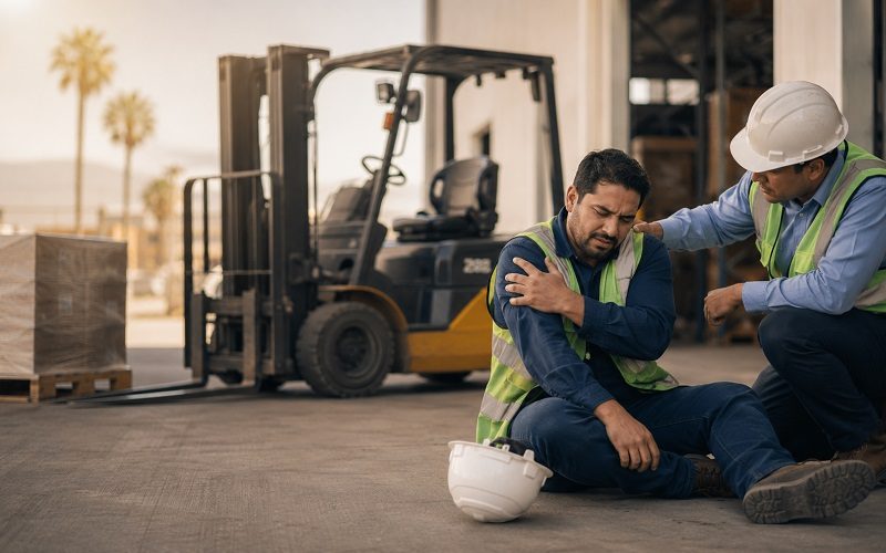Injured warehouse worker seeking help from a forklift injury attorney