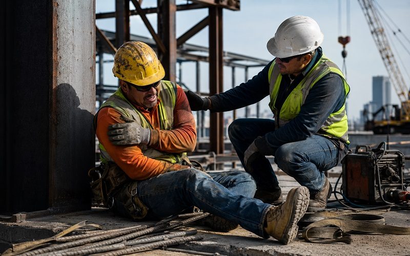 Injured ironworker receiving assistance after a construction site accident