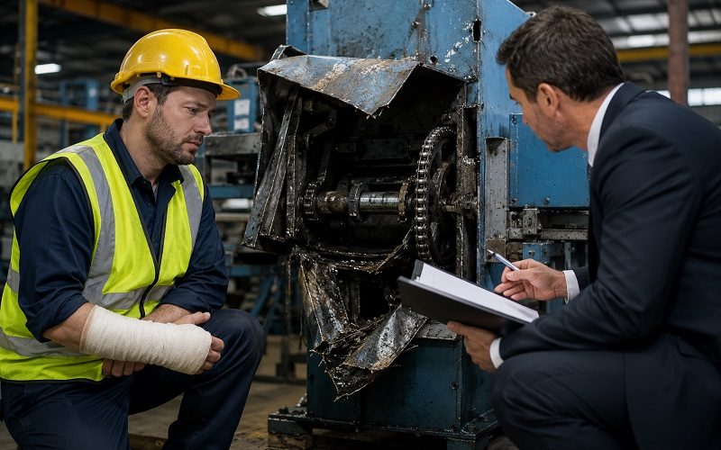 Defective machinery injury lawyer reviewing evidence from a workplace equipment accident.