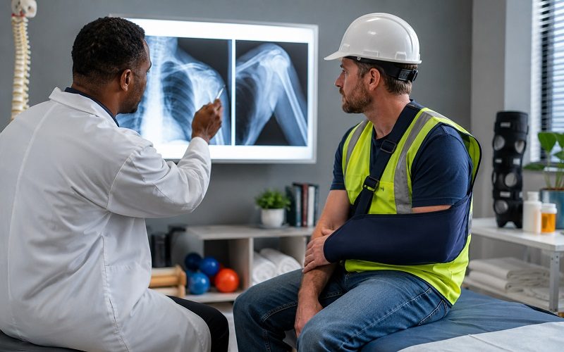 Injured construction worker meeting with a lawyer about workers’ compensation benefits.