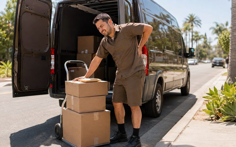California UPS driver suffering a back injury while lifting heavy parcels from a delivery truck