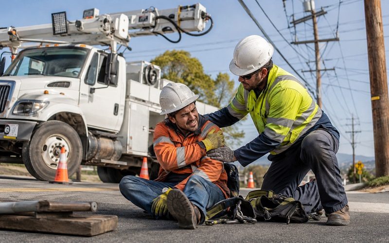 California utility worker suffering a workplace injury near power lines and electrical equipment.