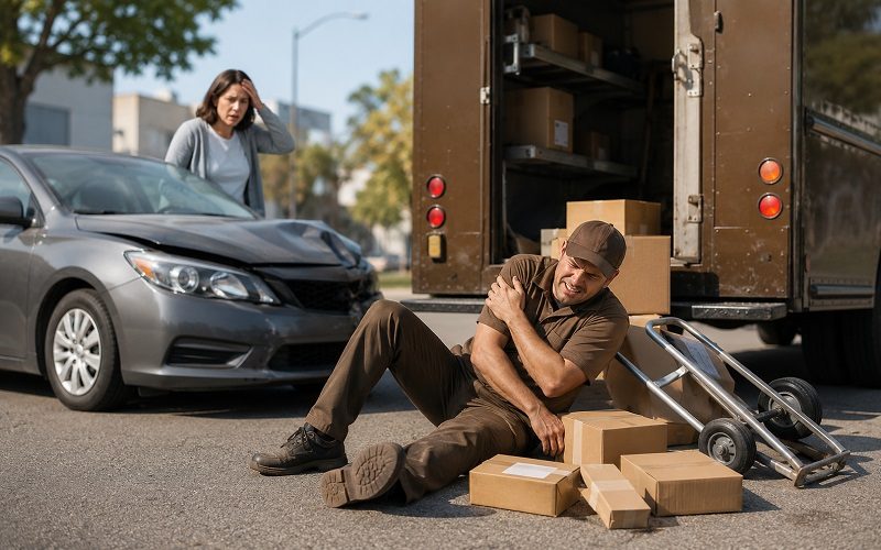 UPS delivery worker receiving medical care after a work-related package delivery injury in California