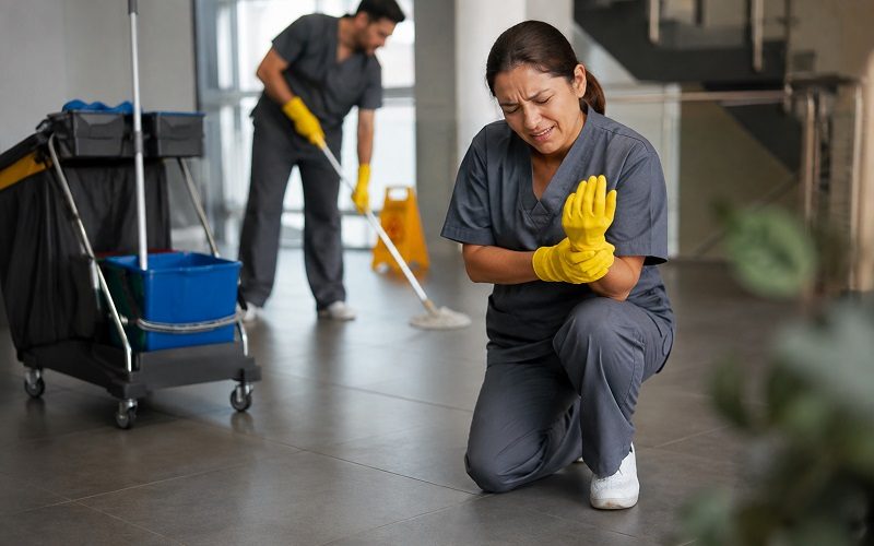 Custodial worker receiving medical care after a work-related janitorial injury