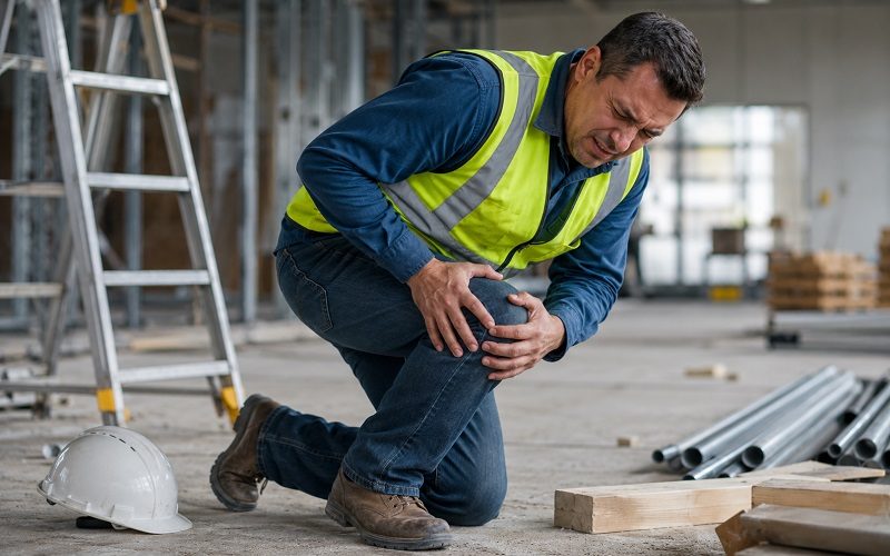 Injured construction worker clutching his knee at a California workplace, with legal documents and a gavel symbolizing workers’ compensation benefits.